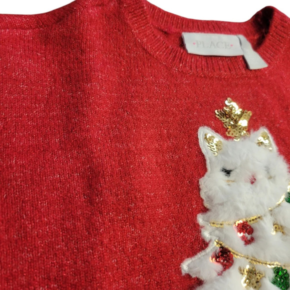 Like New Girls Size 5 / 6 Christmas Tree Fuzzy Cat Red Metallic Shimmer Sweater - Picture 4 of 7